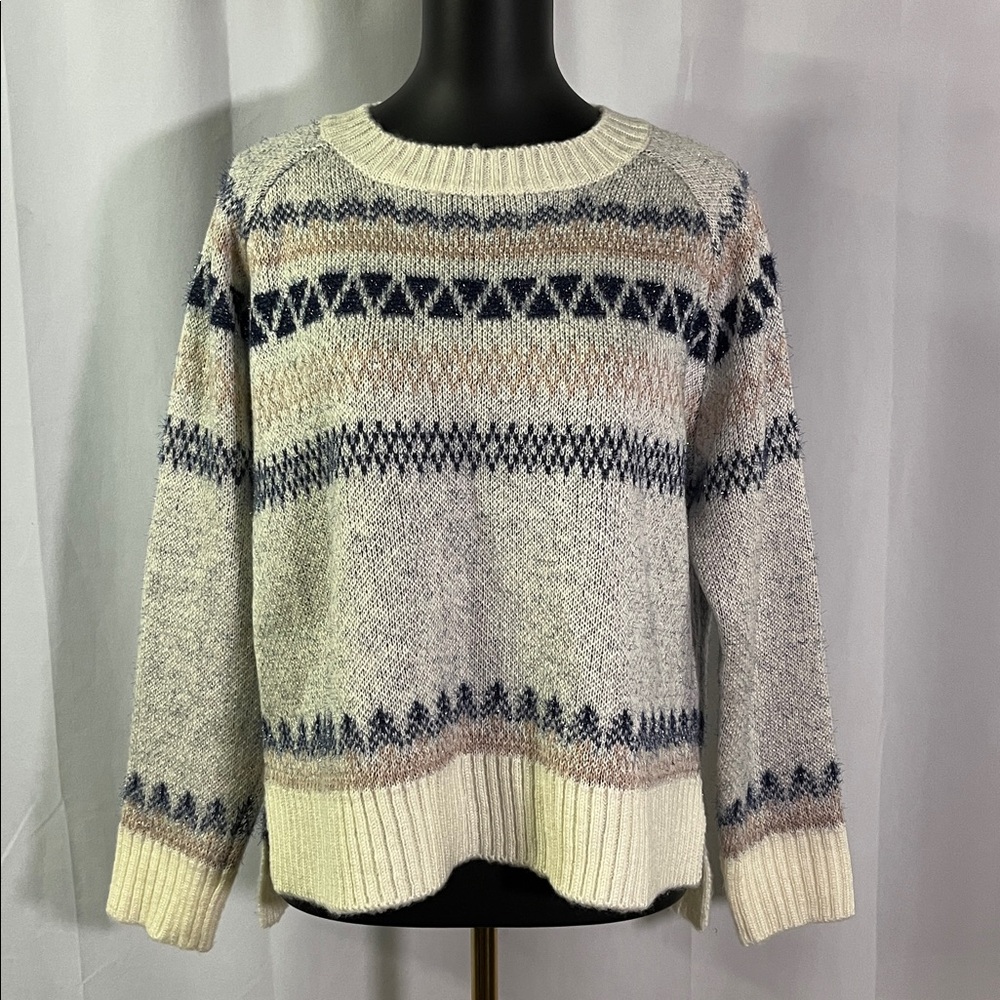 GeeGee Metallic Blue Pink & Ivory Eyelash Fringe Fair Isle Crewneck Sweater